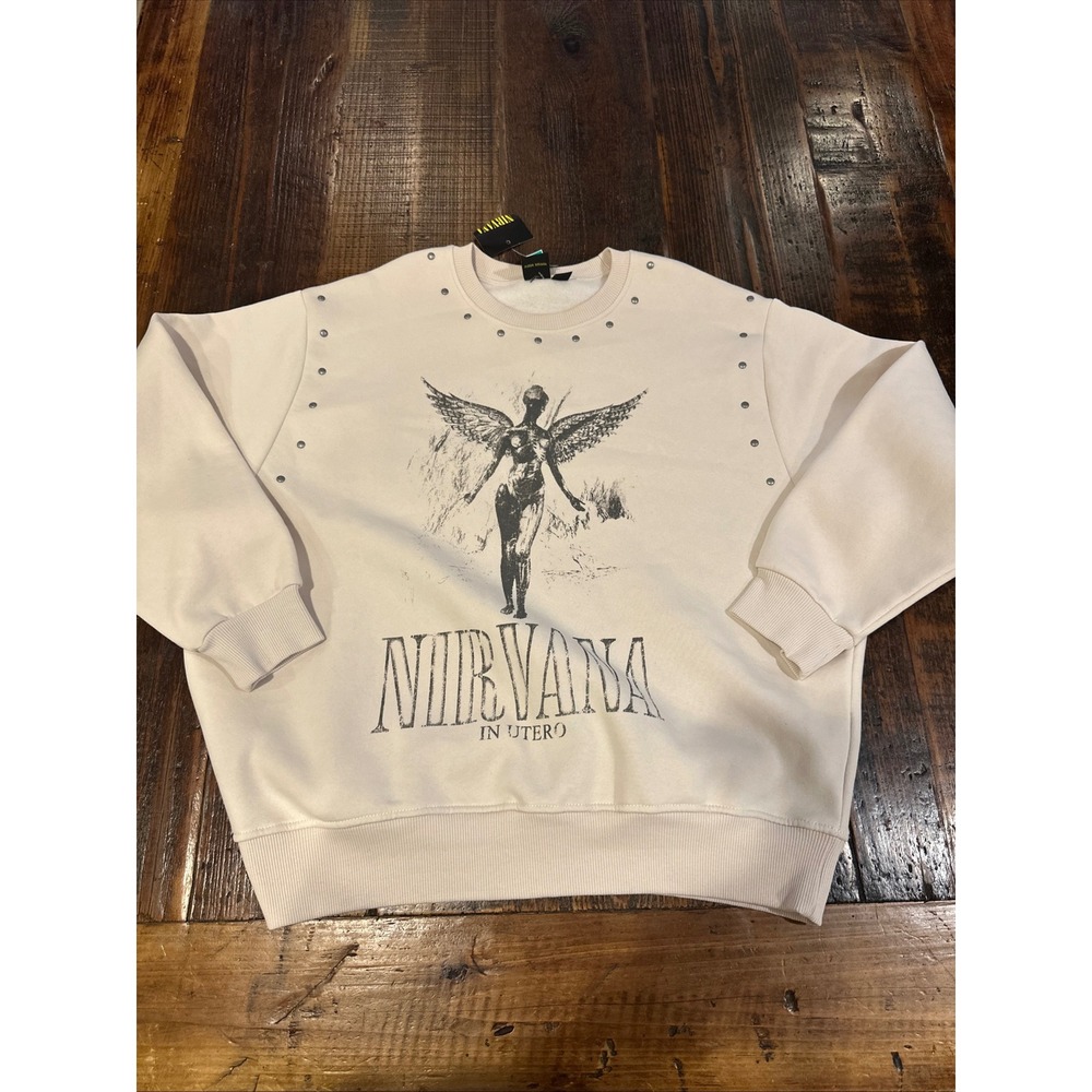 Nirvana In Utero Graphic Sweatshirt Cream Studded Pullover Large NEW
